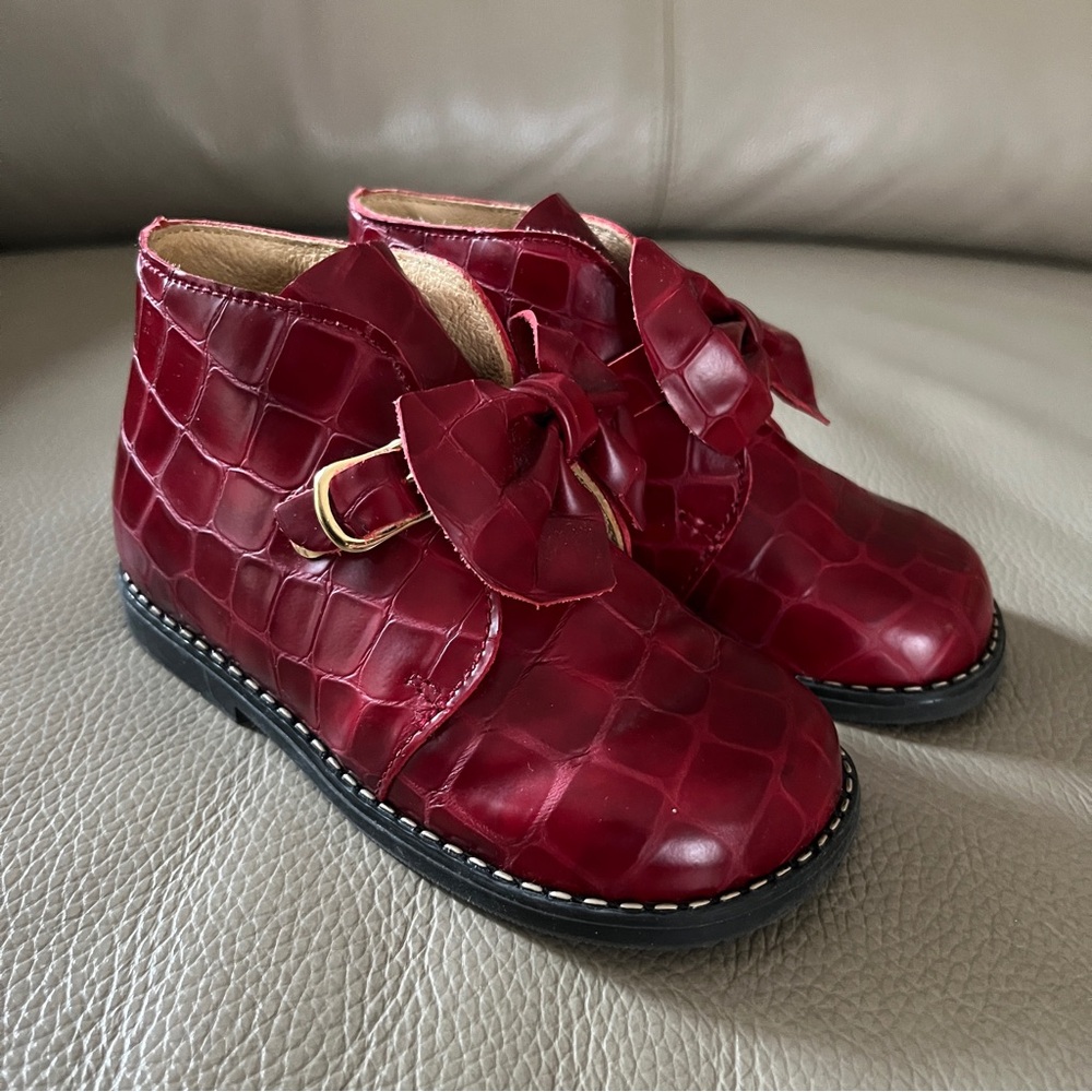 Toddler MOD8 RED TEXTURED LEATHER BOW BUCKLE BOOTS Vtg size EU France 23/US 7